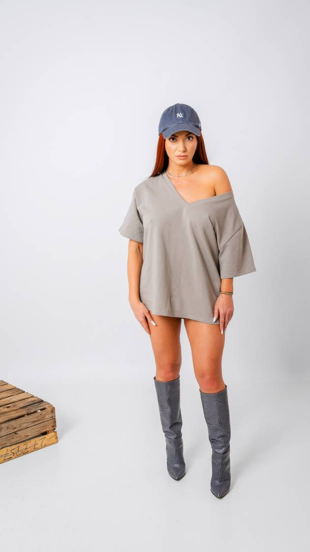 V-Essential Tee Grey - tricou damă gri bumbac decolteu V
